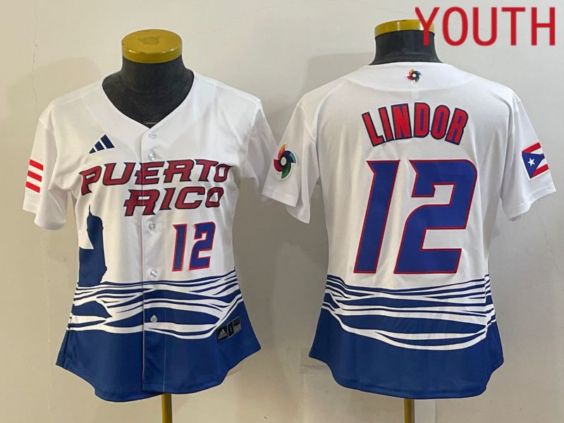 Youth 2023 World Cub Puerto Rico #12 Lindor White MLB Jersey6->more jerseys->MLB Jersey